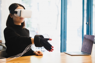 Woman in VR headset c-suite